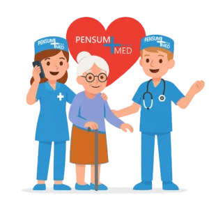 Illustration Herzensprojekt von Pensum MED (Pflegepersonal mit älterer Dame und Herz)