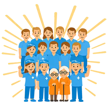 Illustration: Großes Team von Pensum MED mit Patienten