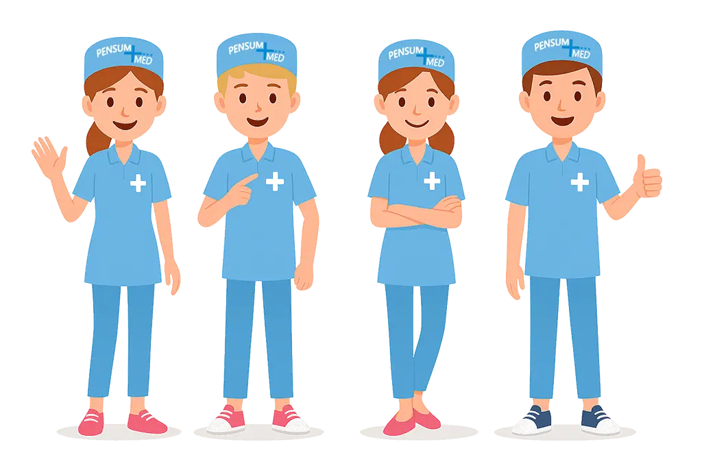 Illustration: 4 Pensum MED Figuren - freundliche Darstellung des Pflegeteams
