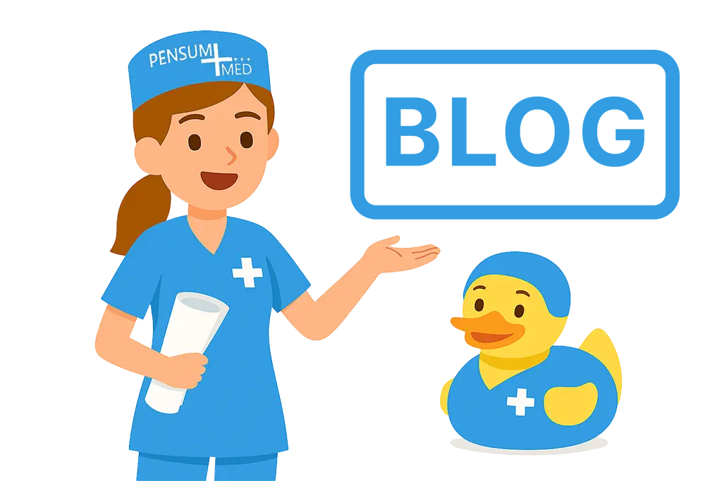 Illustration: Pflegekraft mit Ente weist auf Pensum MED Blog hin (Link zum Blog)