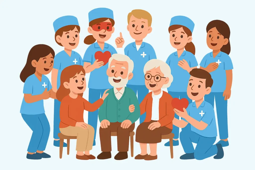 Illustration: Pflegekräfte, Patienten und Angehörige symbolisieren Pflege mit Herz