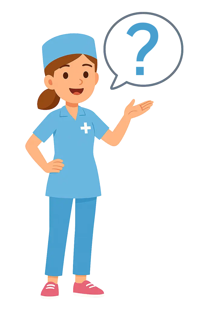 Illustration: Pflegekraft mit Fragezeichen (FAQ)